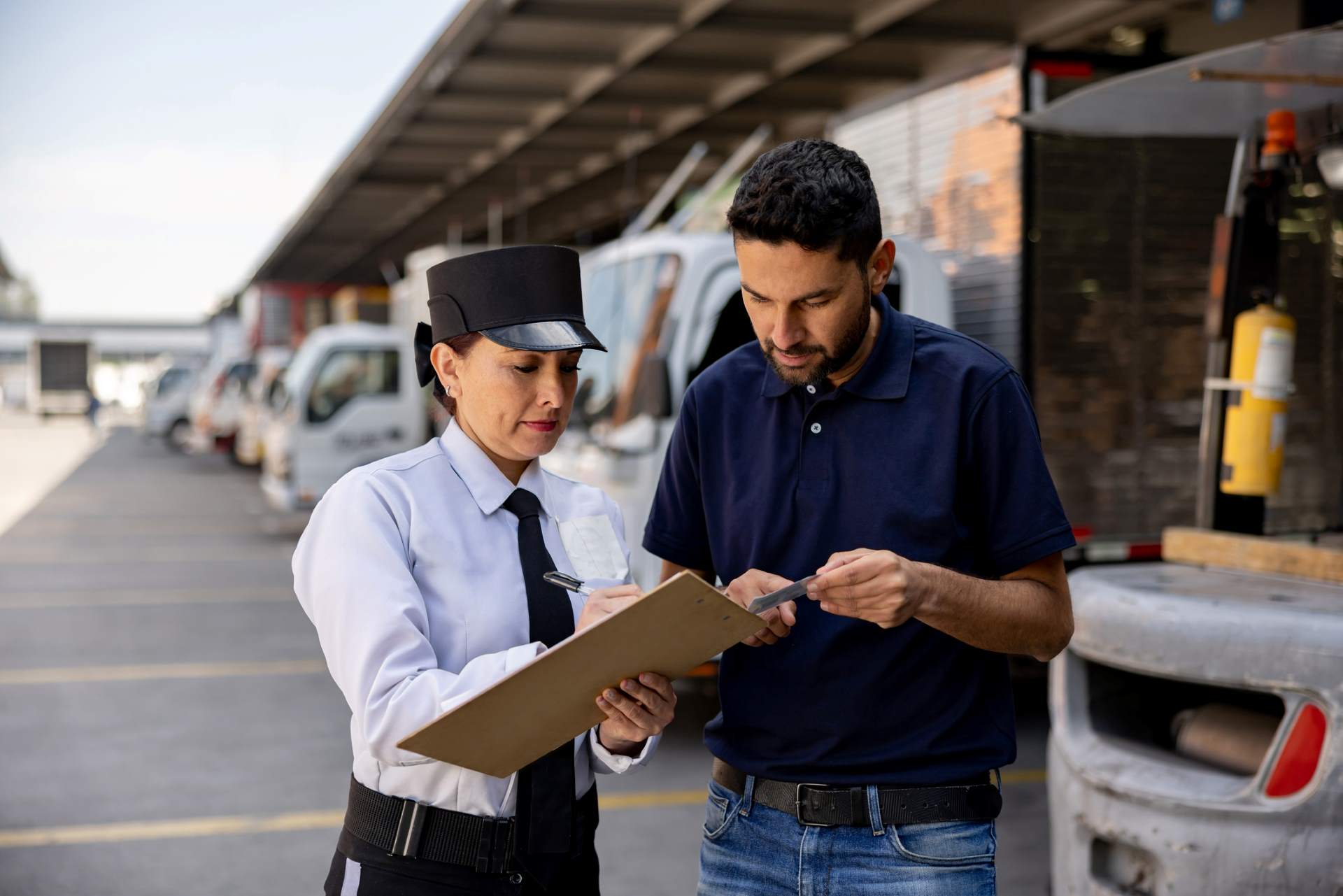 Customs official checking paperwork at the border