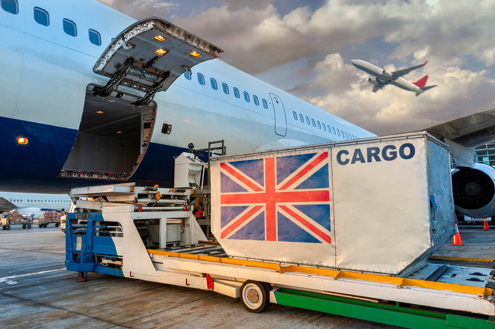 Cargo being loaded onto a freight plane
